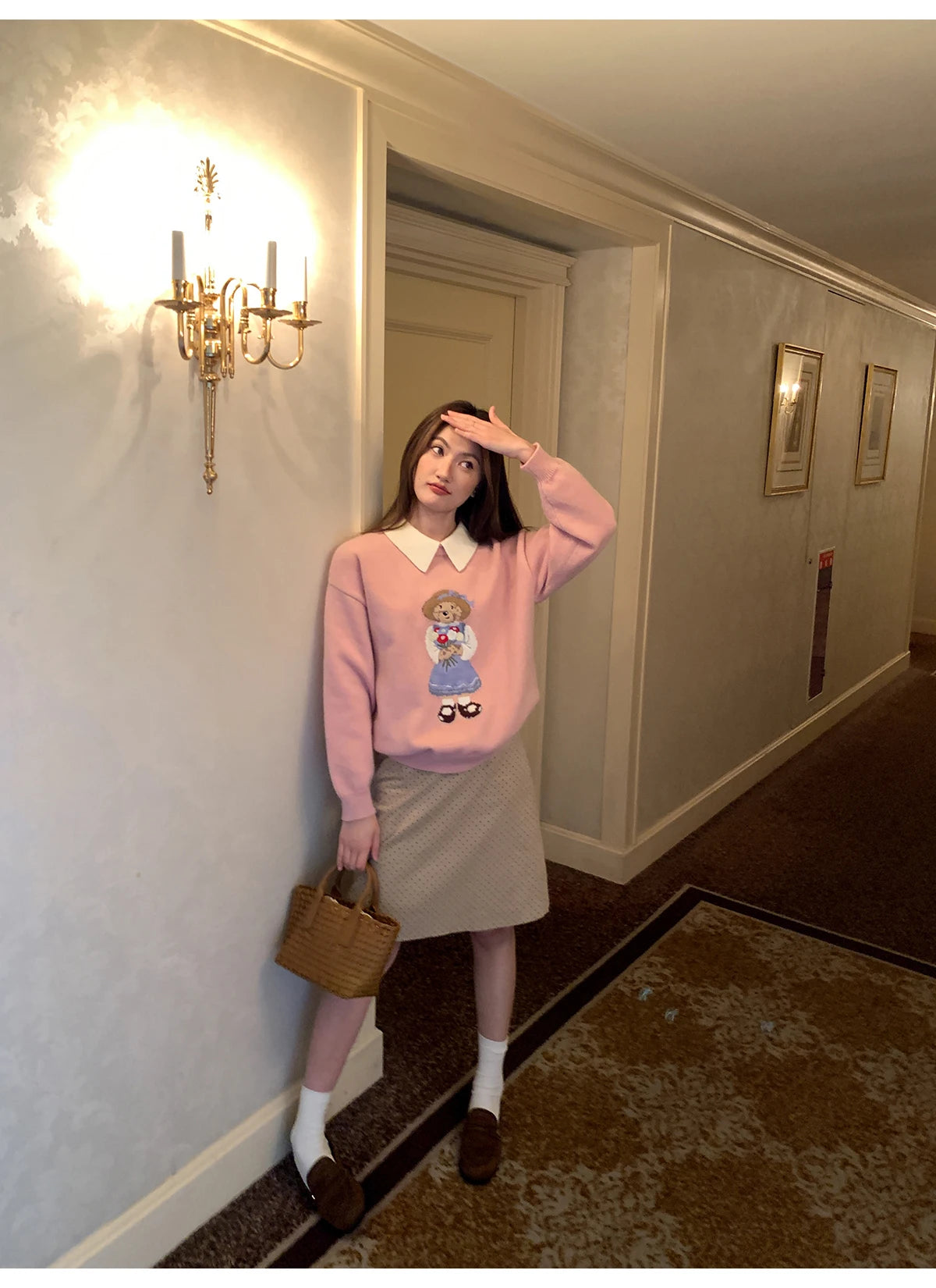 High Quality French Vintage Luxury Bear Jacquard Sweater For Women Autumn New Fashion Korean Casual Loose Pullover Knitted Tops