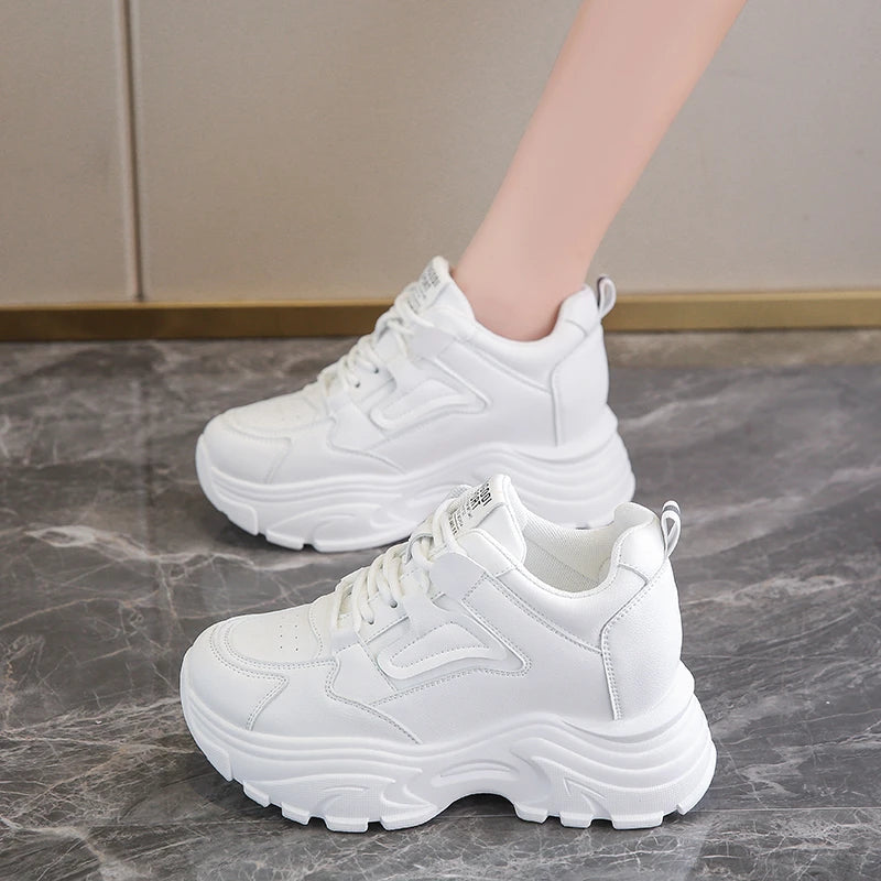 Women Sneakers Lace-Up Thick Bottom Vulcanize Shoes Woman Pu Leather Breathable Sports Shoes Ladies