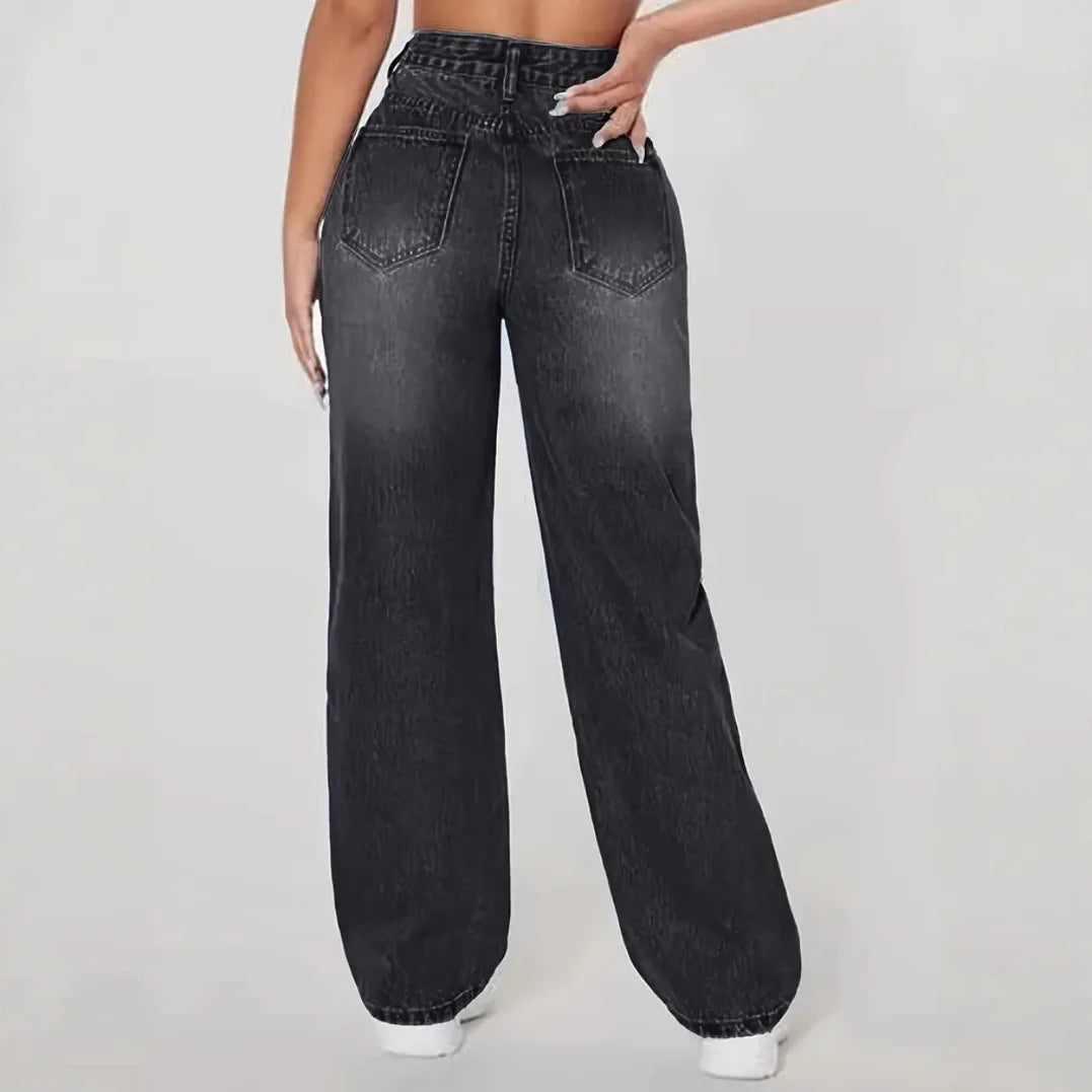 Washed Ripped Jeans, Women Four Seasons New Fashion Personality To Do Old Denim High Waist Straight Comfortable Wide Leg Pants