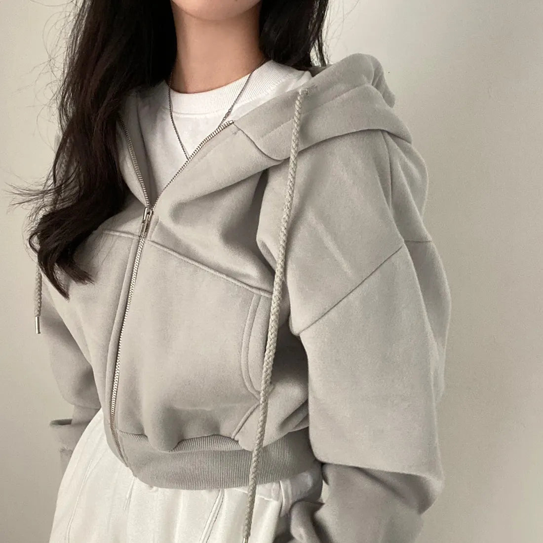 Hoodies Women ,Casual Hood Sweatshirt Women Y2K Zip Up Hoodies Solid Harajuku Long Sleeve Shirt Oversized Crop Tops Female Loose Jackets Coat