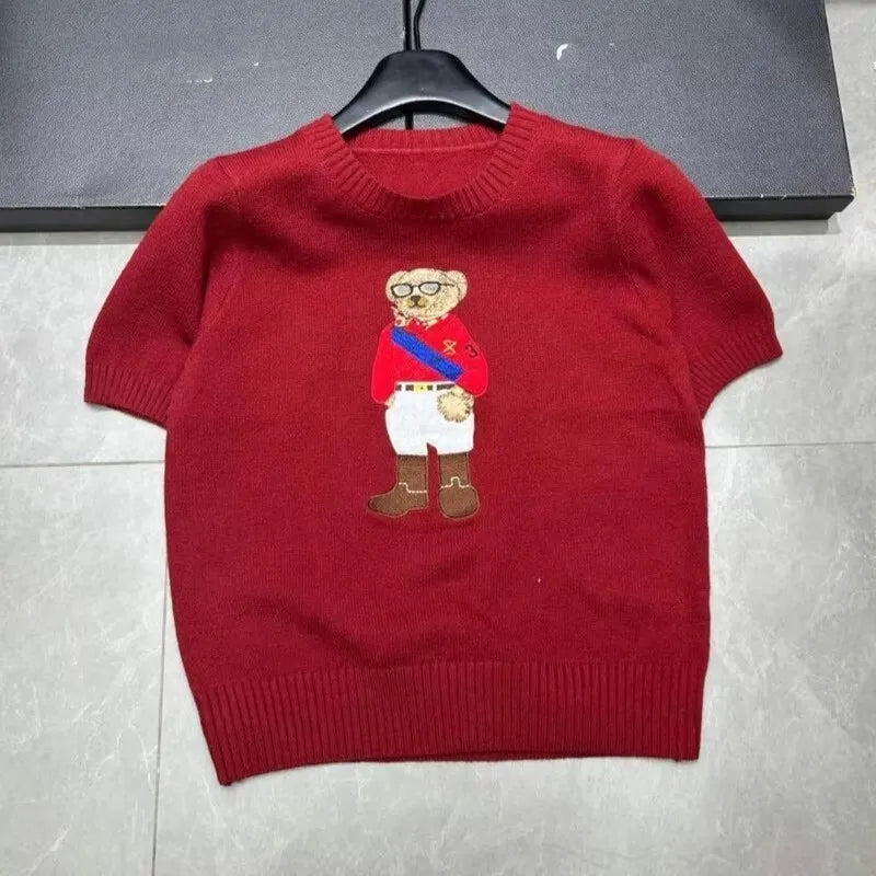European Style Luxury Brand Loose O-Neck Bear Pullover Tops Knitwear Woman Short Sleeve T-shirt Ladies Wool Knitted Sweater