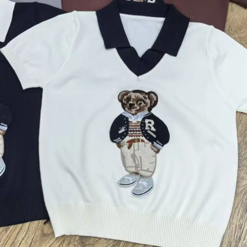 Cartoon Bear Thin Knit Pullover Women 2026 New Summer Short Sleeve Sweater Jumper Cropped Tops Fashion Women's Clothes