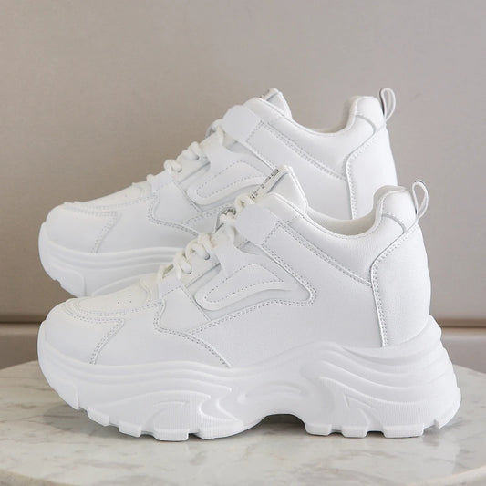 Women Sneakers Lace-Up Thick Bottom Vulcanize Shoes Woman Pu Leather Breathable Sports Shoes Ladies