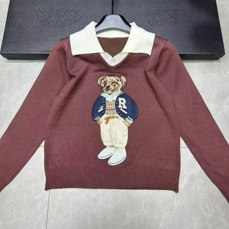 European Style Luxury Loose O-Neck Bear Pullover Women Autumn Winter Fashion Womens Tops Casual Ladies Knitted T-shirt Sweater