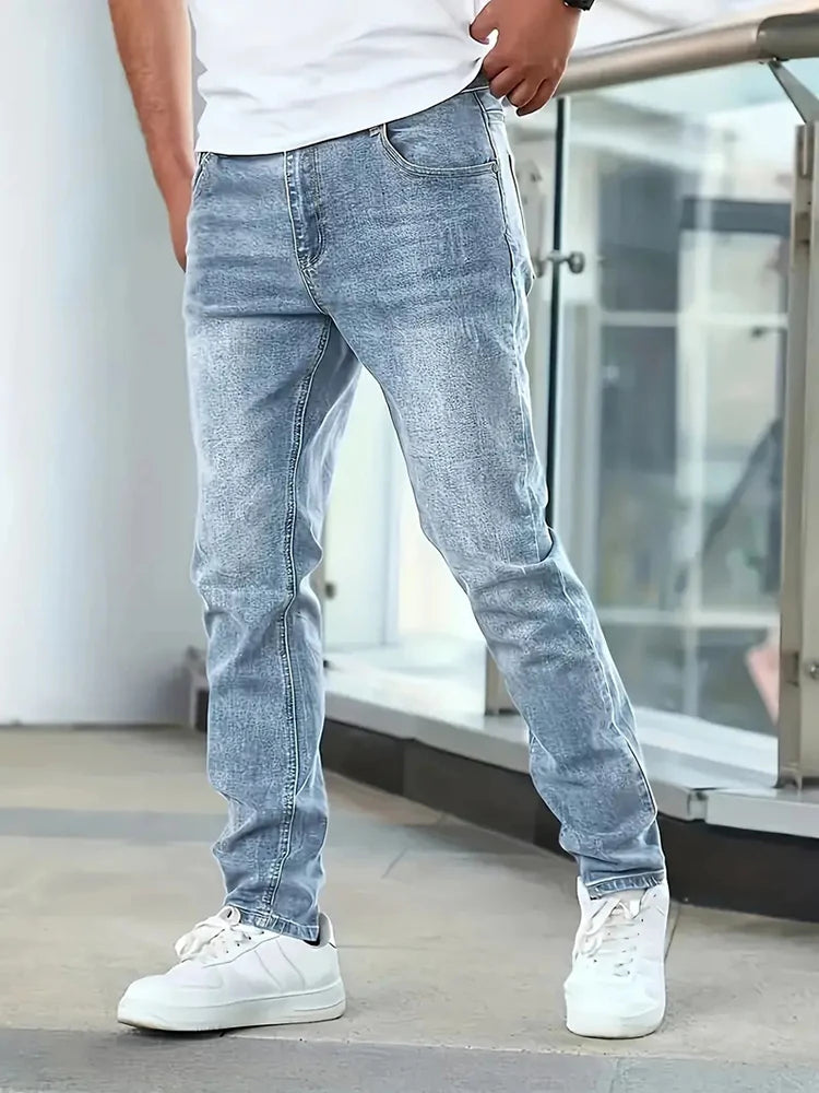 Men's Slim Four-Season Washed Fashion Jeans Stretch Slim Fit Light Blue Gray Black Casual Denim Pants
