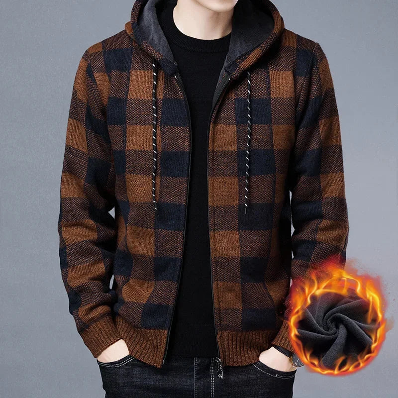 Sweater Jacket Fashion Winter Coat Fleece Hoodies High Quality Luxury Checkered Hooded Knit Cardigan Male Outer Wear