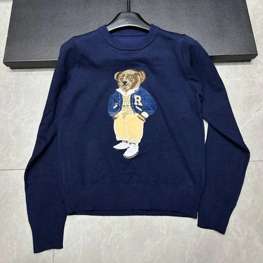 European Style Luxury Loose O-Neck Bear Pullover Women Autumn Winter Fashion Womens Tops Casual Ladies Knitted T-shirt Sweater