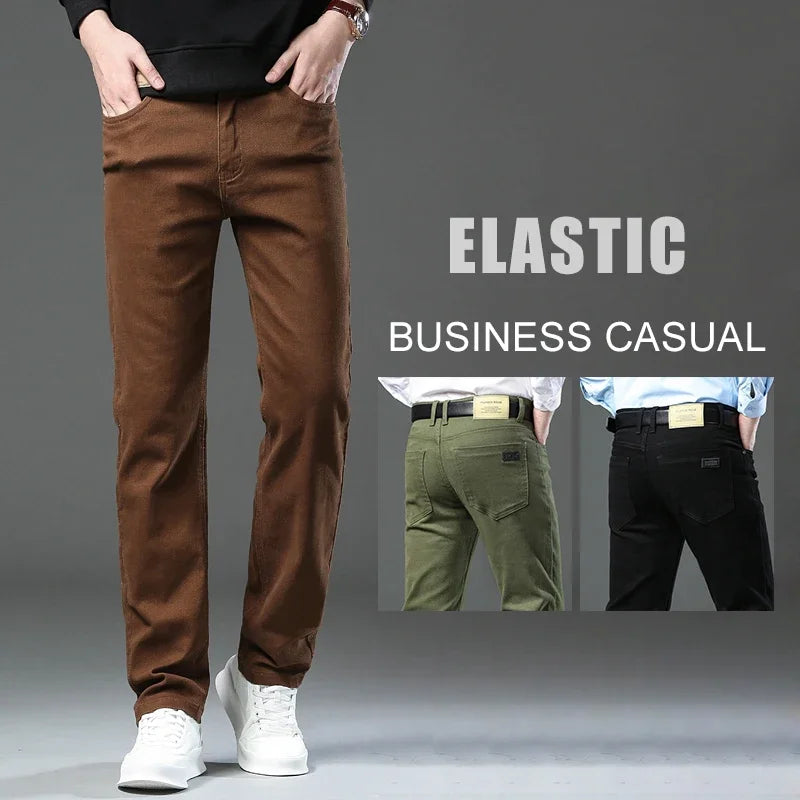 Men's Clothing Slim Jeans Fashion Brown Business Casual Stretch Denim Pants Male Brand Trousers