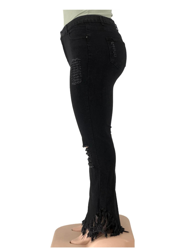 Pus Size  Ladies Jeans High Waist Woman Tassel Vintage Jeans Ripped Plus Size Fashion Elegant Flared Jeans Wholesale Dropshipping