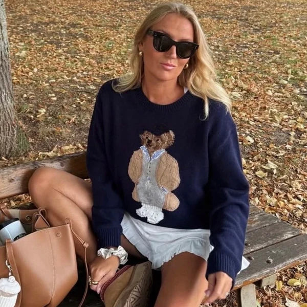 Autumn Winter Women's Knitted Long Sve Sweater Casual Sle Bear Embroidery Cartoon Loose Fit Camere round Ne Top