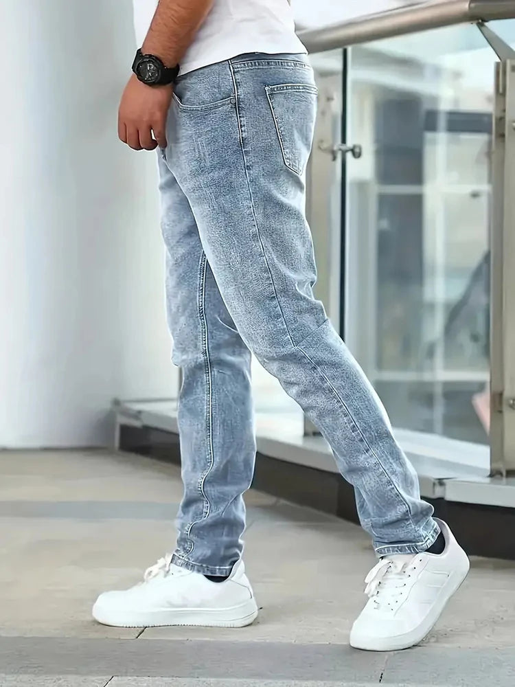 Men's Slim Four-Season Washed Fashion Jeans Stretch Slim Fit Light Blue Gray Black Casual Denim Pants