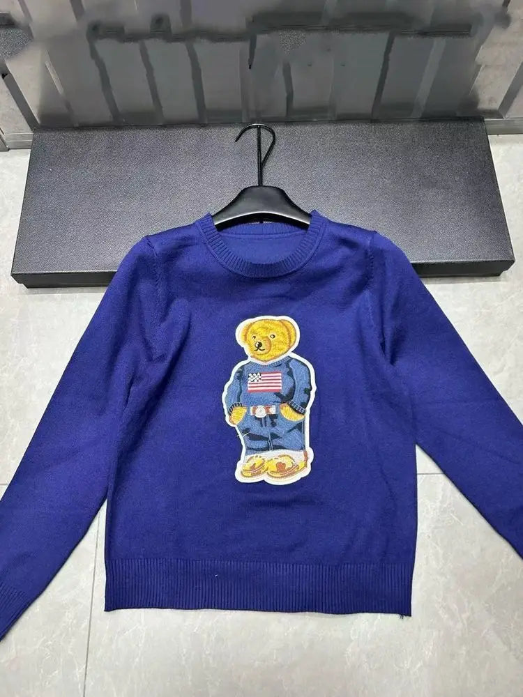 High Quality Fall Winter New Fashion Lazy Cartoon Bear Embroidery Loose Knitted Sweater Tops Women Casual Pullover Sweater Pull