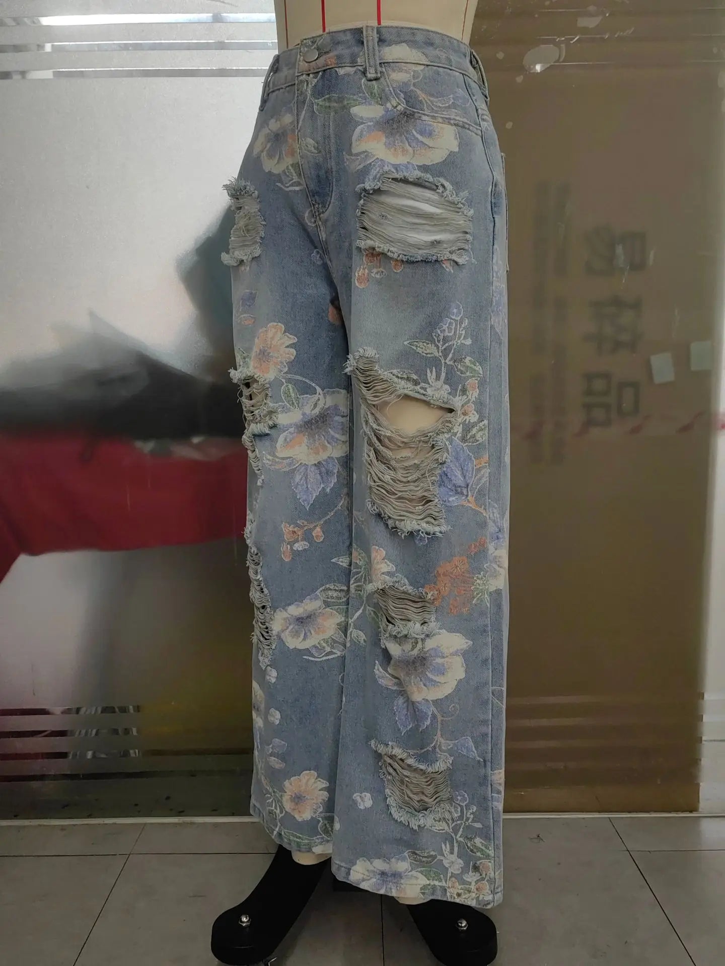 Denim Pants Women Floral Print Sexy Hole Hollow Out Jeans Ripped Out Straight Trousers 2025 Summer Street Lady Pant