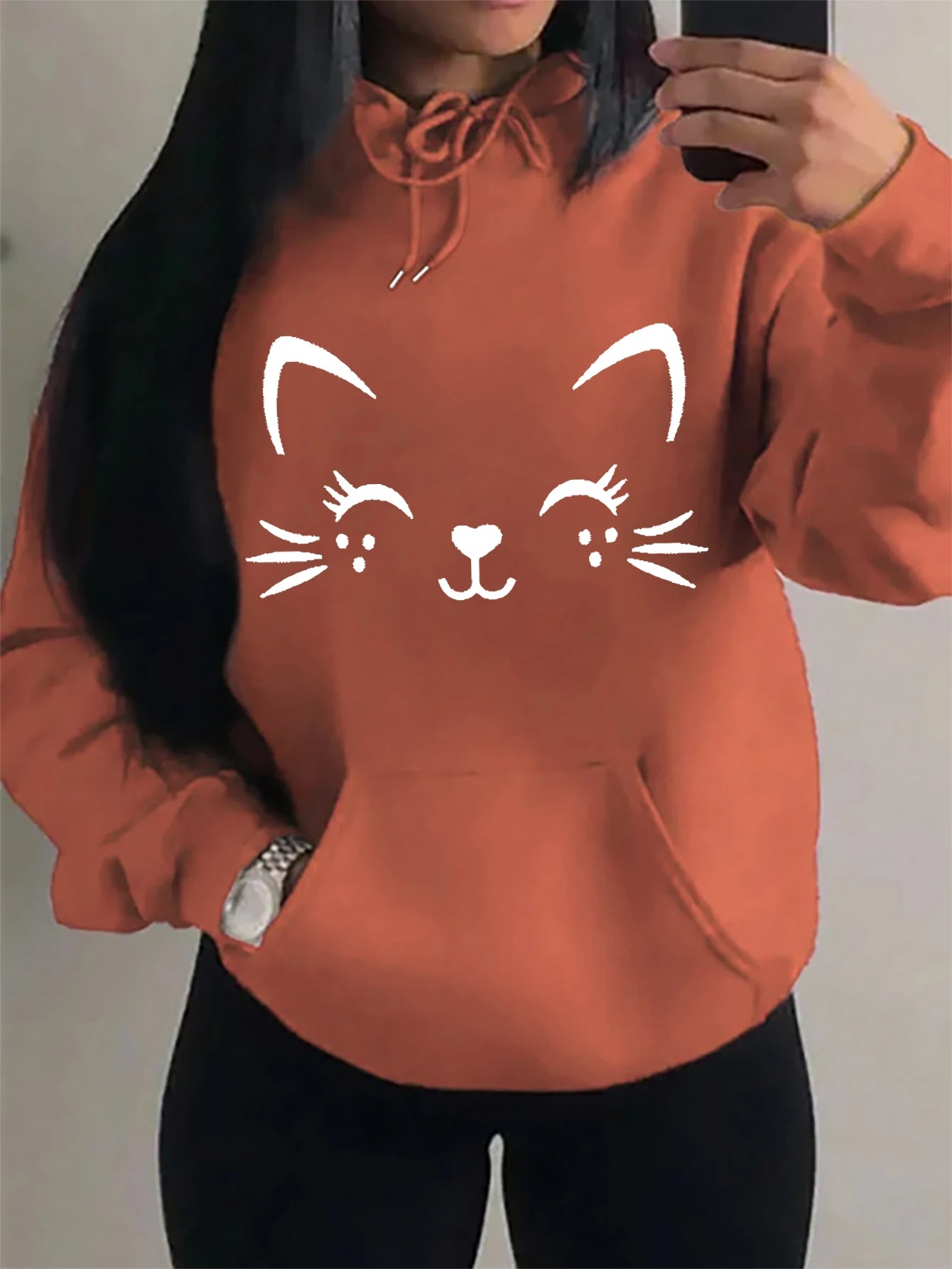 Simple Word Cat Happy Pattern Women Hoodies Fashion Casual Streetwear Personality Hip Hop Hoodie Trendy Fleece Pulloverar
