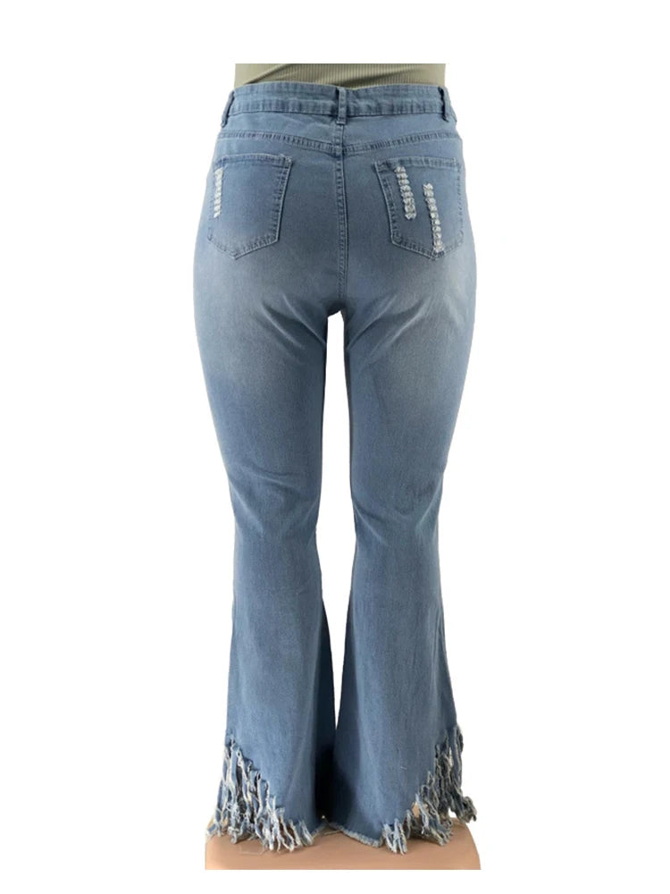 Pus Size  Ladies Jeans High Waist Woman Tassel Vintage Jeans Ripped Plus Size Fashion Elegant Flared Jeans Wholesale Dropshipping