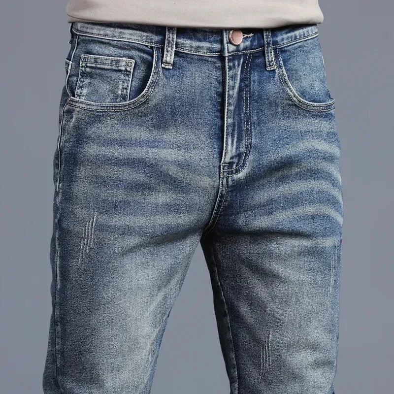 Men's Vintage Jeans Korean Fashion Slim Little Feet Embroidered Trousers Stretch Male Streetwear Denim Pants