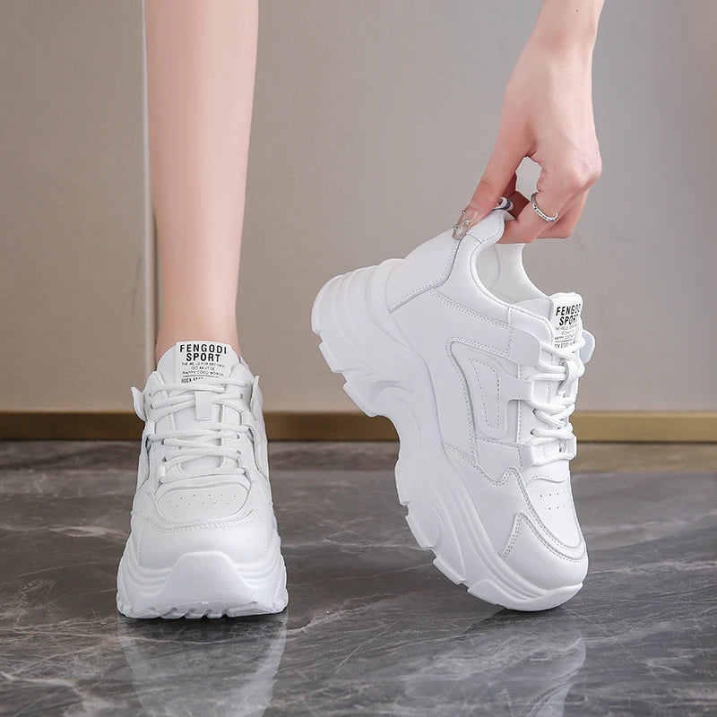 Women Sneakers Lace-Up Thick Bottom Vulcanize Shoes Woman Pu Leather Breathable Sports Shoes Ladies