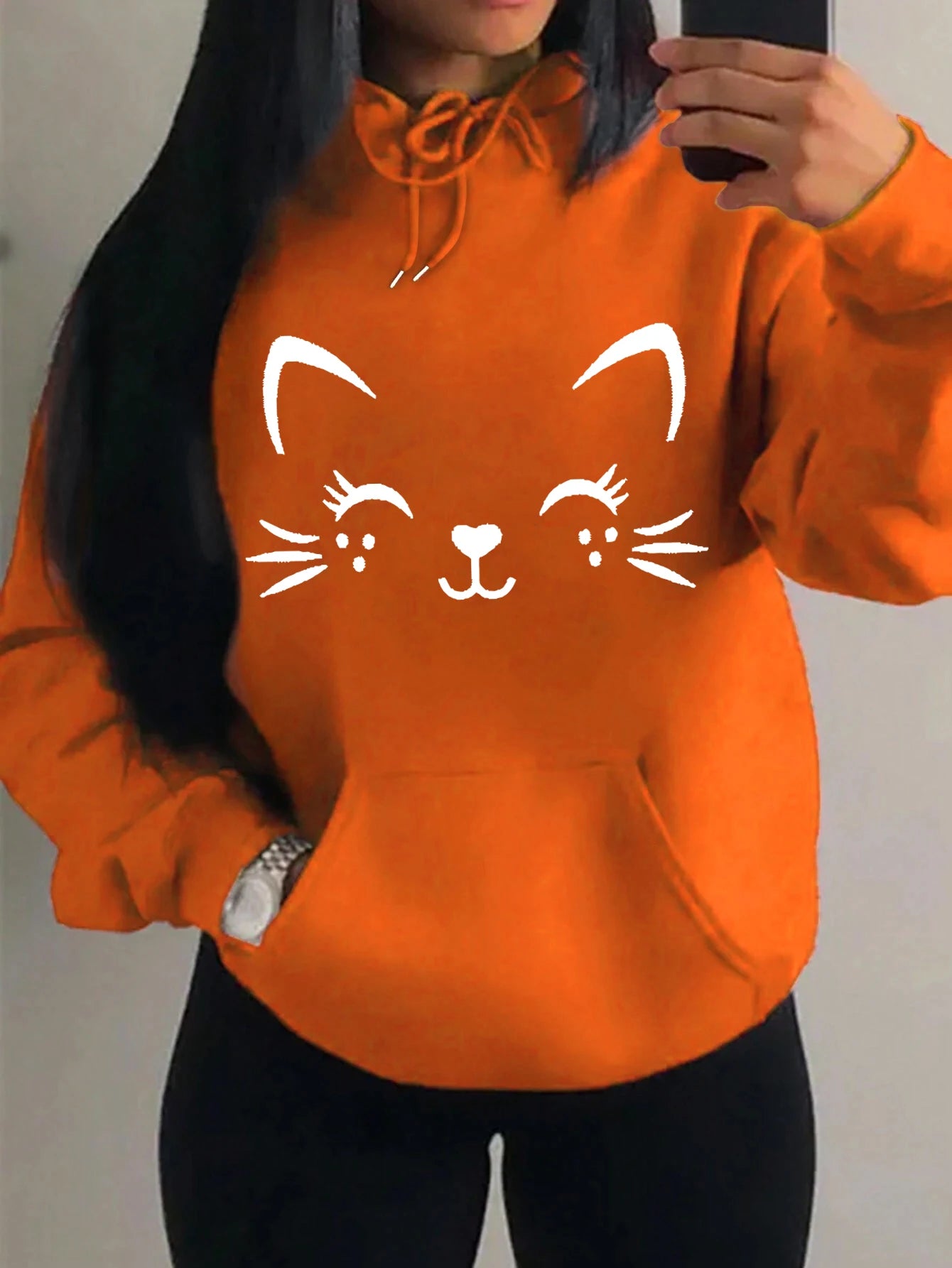 Simple Word Cat Happy Pattern Women Hoodies Fashion Casual Streetwear Personality Hip Hop Hoodie Trendy Fleece Pulloverar