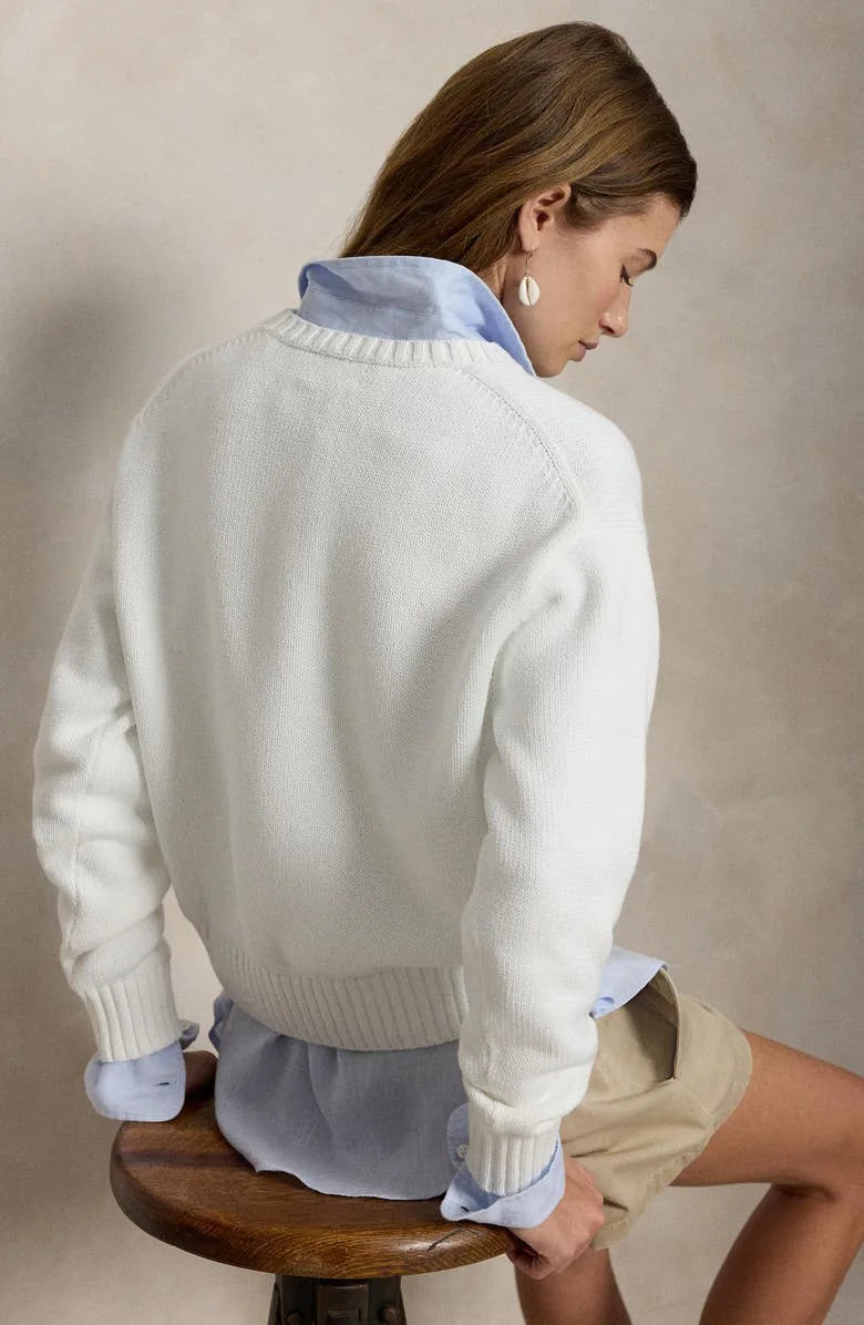 Loose Fit American Casual Long Sleeve Knitted Sweater round Neck White Comfortable Knitwear for Autumn Winter New Arrival