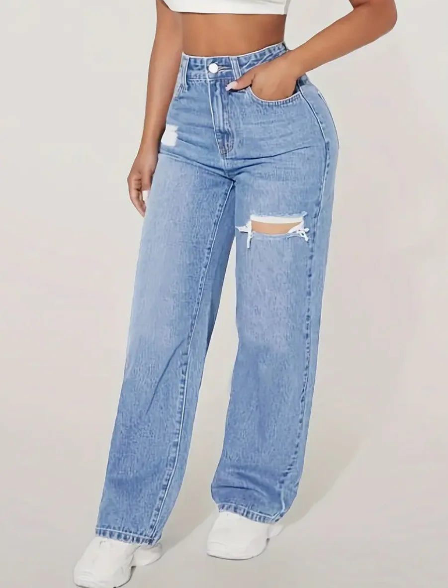 Washed Ripped Jeans, Women Four Seasons New Fashion Personality To Do Old Denim High Waist Straight Comfortable Wide Leg Pants