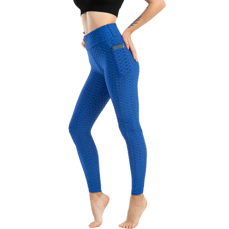 Leggings Women Fashion Pocket Bubble Pants Stretchy Slim Leggings Gym Running Cycling Fitness Pants High Waist Hip Lift Leggings Female