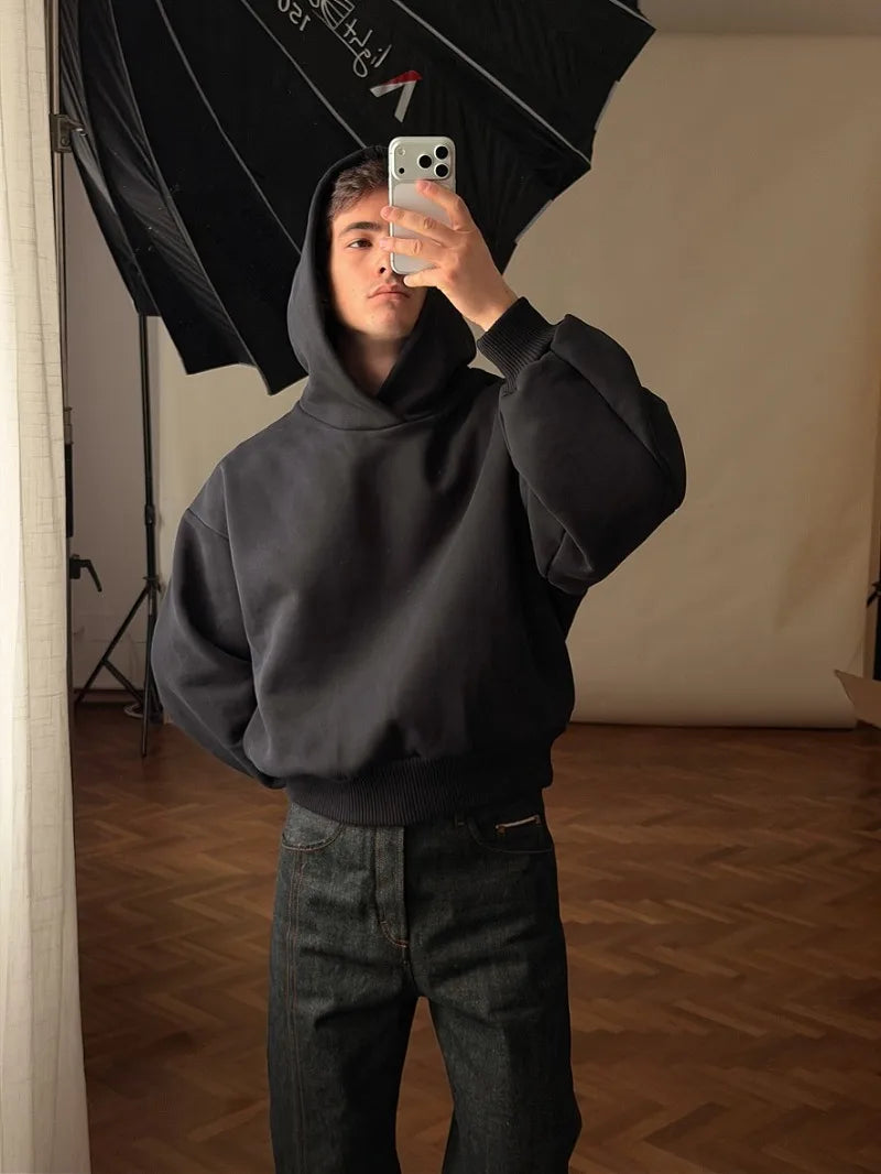 American Retro Solid Color Oversized Sweatshirt Women Autumn and Winter Streetwear Trendy Hip-hop Casual Loose Black Hoodie Men