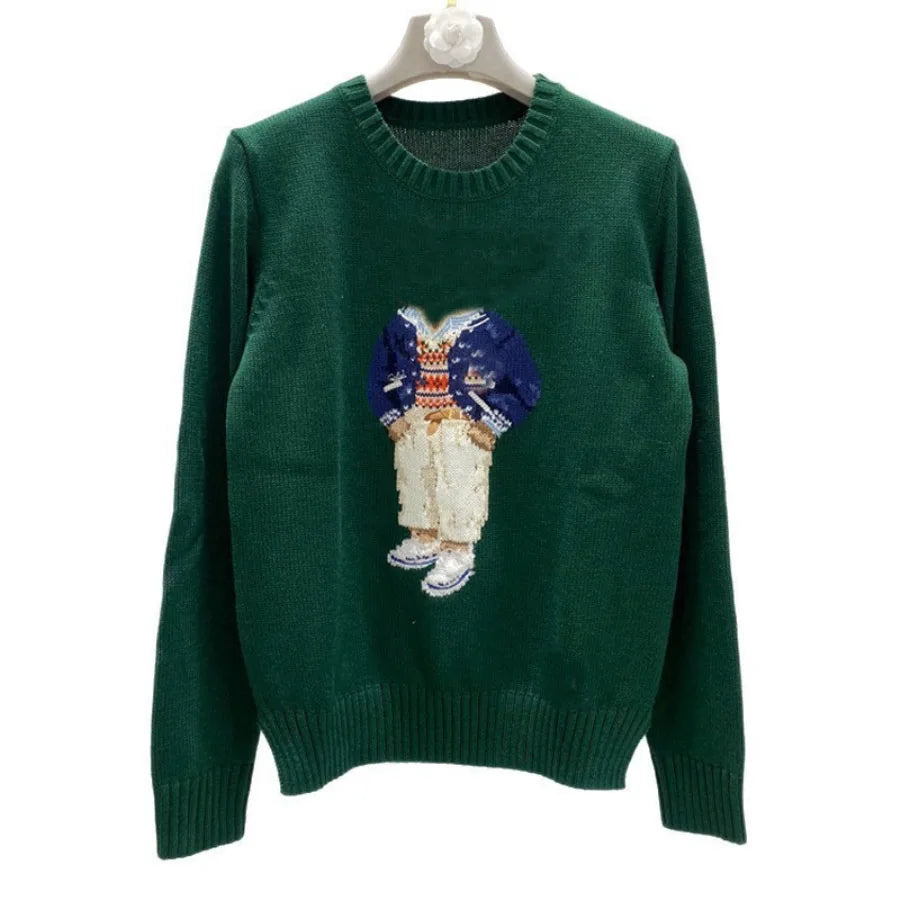 Soft Cotton Knit Sweater Women's Bear Embroidery Round Neck Top Autumn Winter Comfortable Wear Casual Embroidery Pullover