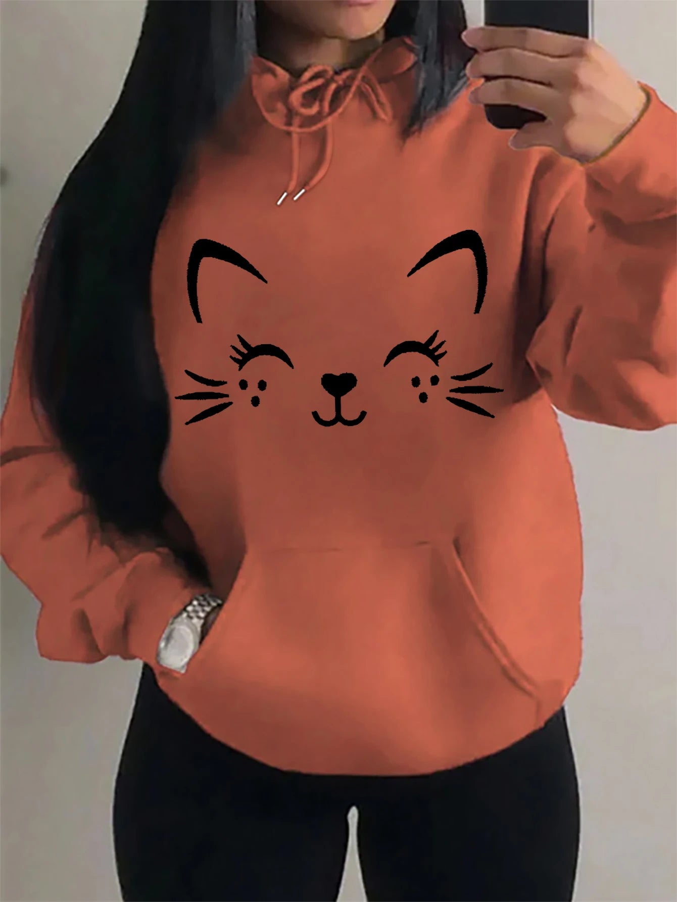 Simple Word Cat Happy Pattern Women Hoodies Fashion Casual Streetwear Personality Hip Hop Hoodie Trendy Fleece Pulloverar
