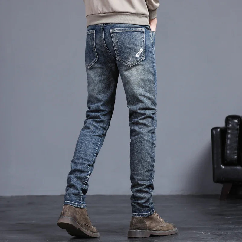 Men's Vintage Jeans Korean Fashion Slim Little Feet Embroidered Trousers Stretch Male Streetwear Denim Pants