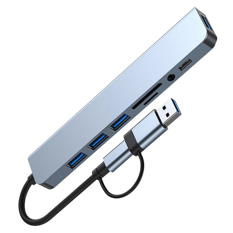 8 in 2 USB +Type C HUB Docking Station with 3.5mm Audio Jack Adapter Micro SD Card Reader Laptop Tablet Phone Disk Converter