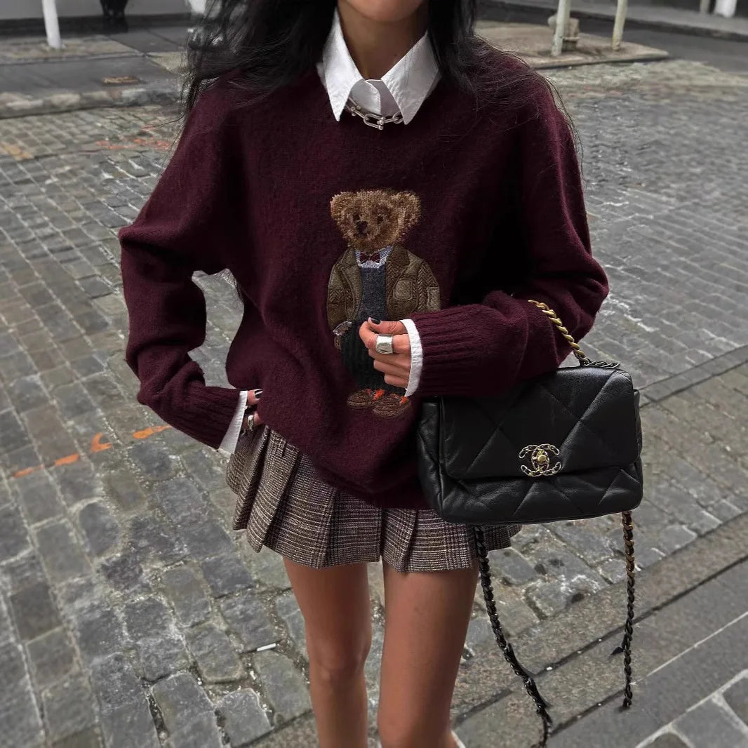 New autumn and winter RL bear cashmere round neck knitted long sleeved fashionable wool embroidered bear cartoon sweater