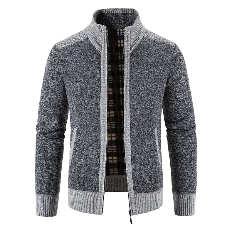 Sweater Coat Knit Jumpers Fleece Warm Jacket Korean Mock Collar Patchworked Zip Windbreaker Men's Overcoat