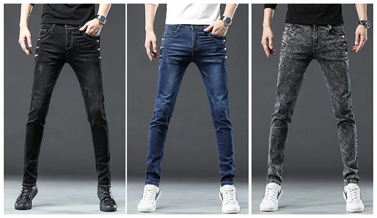 Men's Designer Jeans Snowflake Grey Wash Korean Fashion Stretch Pants Multi-button Denim Trousers