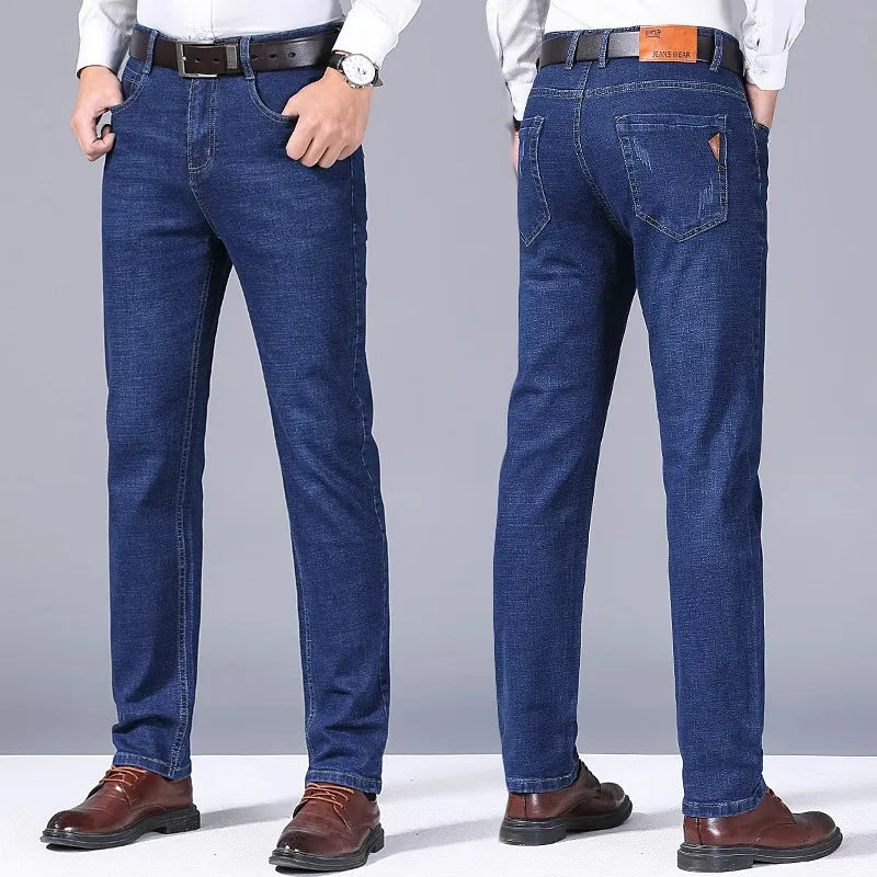 Men NEW Men's Fashion Business Jeans Classic Style Casual Stretch Slim Jean Pants Male Brand Denim Trousers Black Blue Mens
