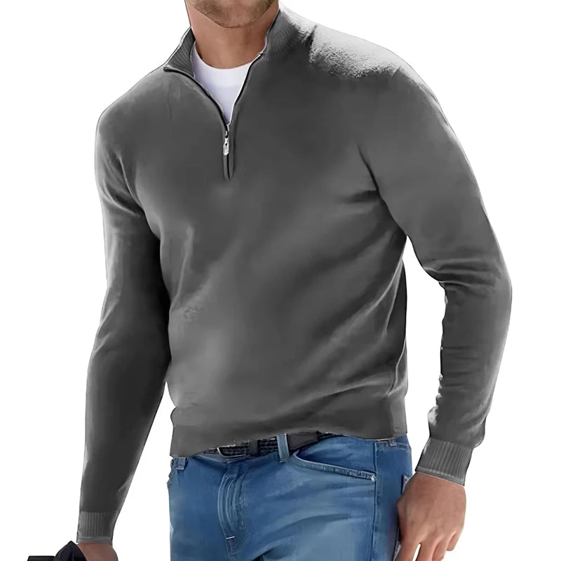 Men's Sweatwear Warm Pullover Solid Color Half Zipper Casual Sweater Slim V-neck Long Sleeve