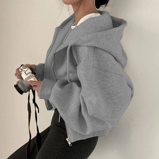 Solid Color Zip Up Hoodie Long Sleeve Sweatshirt, Loose Casual Minimalist Fashion Lazy Style Hooded Jacket Unisex