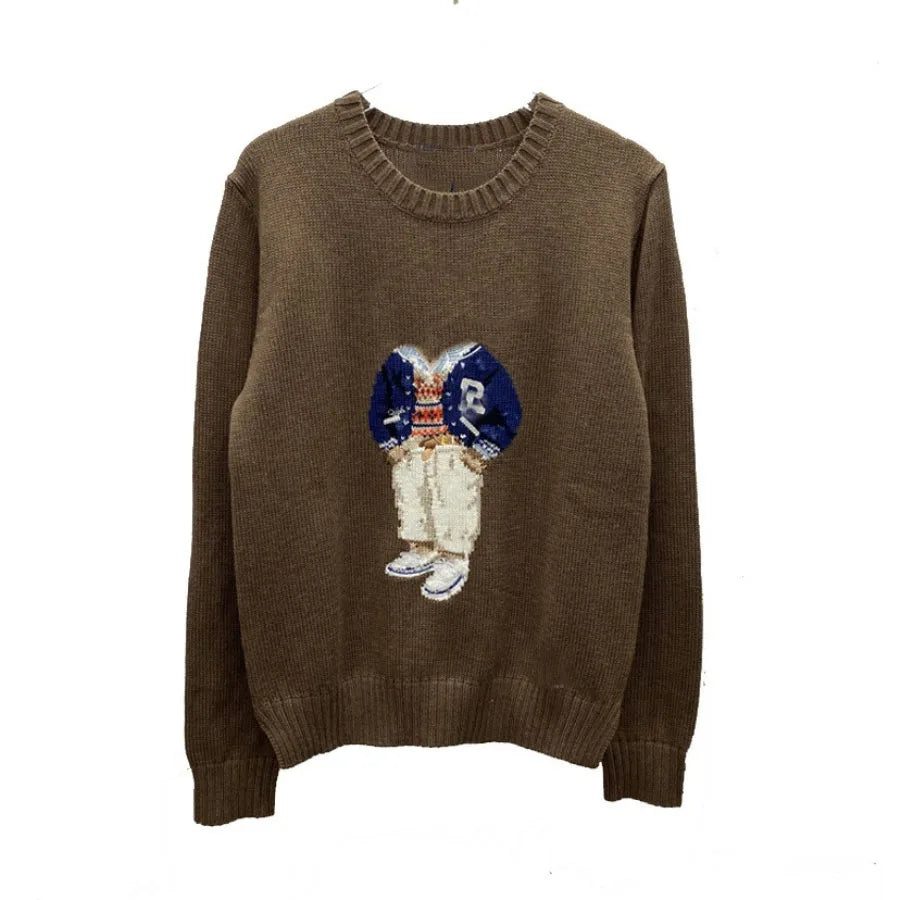 Soft Cotton Knit Sweater Women's Bear Embroidery Round Neck Top Autumn Winter Comfortable Wear Casual Embroidery Pullover