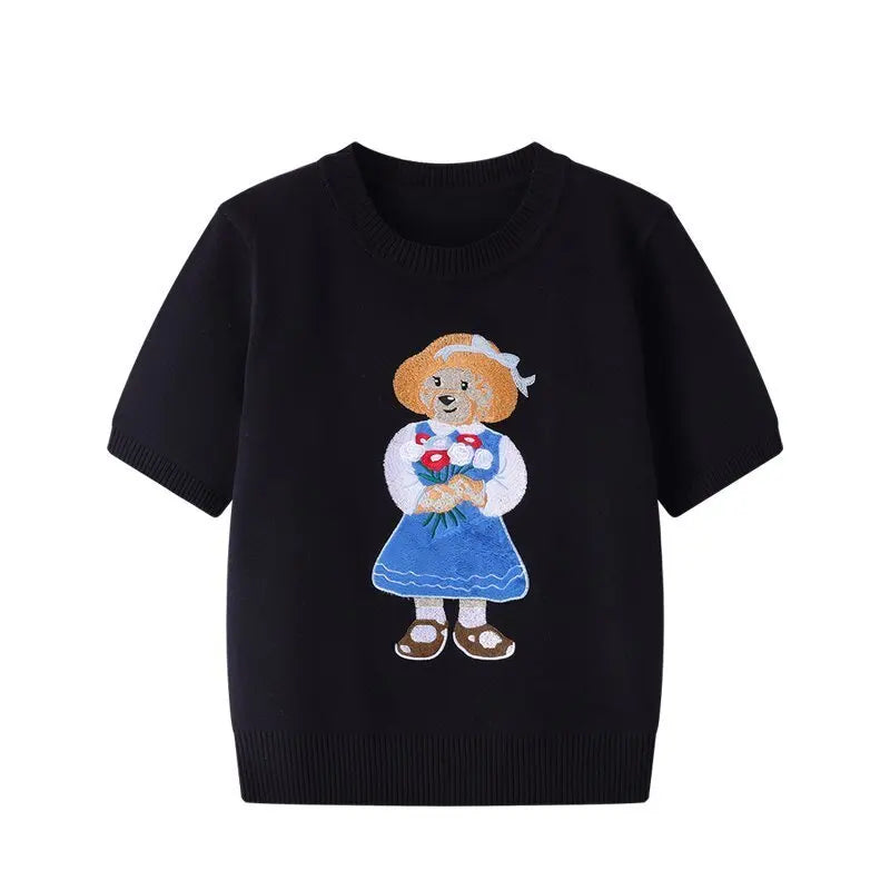 European Style Luxury Brand Loose O-Neck Bear Pullover Tops Knitwear Woman Short Sleeve T-shirt Ladies Wool Knitted Sweater