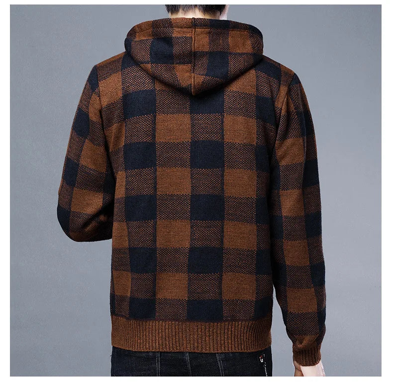 Sweater Jacket Fashion Winter Coat Fleece Hoodies High Quality Luxury Checkered Hooded Knit Cardigan Male Outer Wear