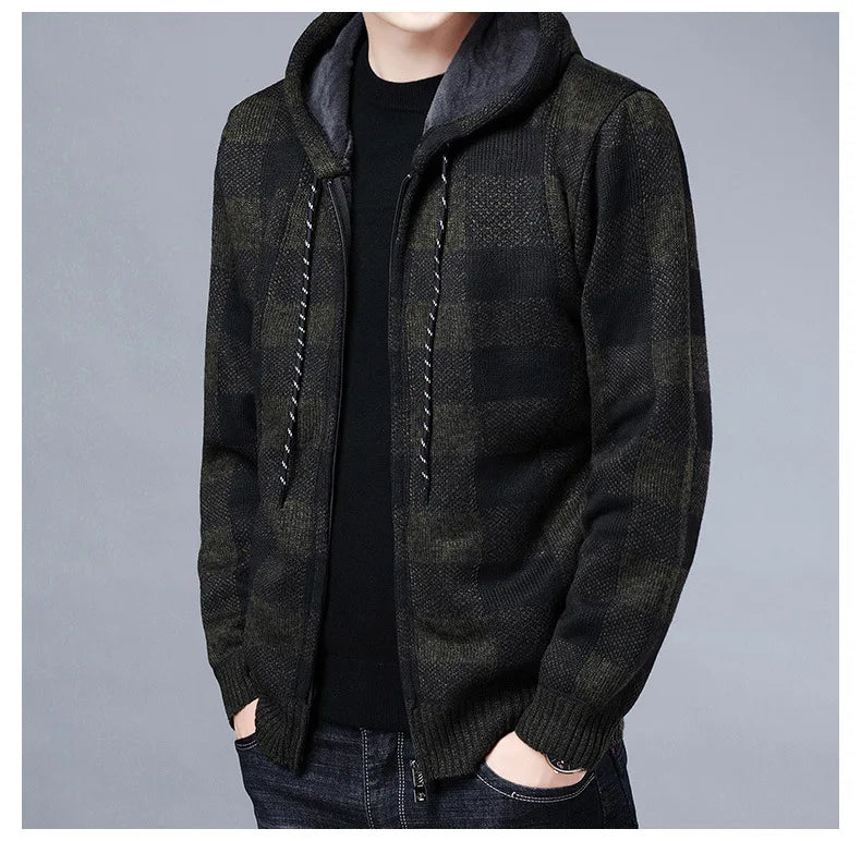 Sweater Jacket Fashion Winter Coat Fleece Hoodies High Quality Luxury Checkered Hooded Knit Cardigan Male Outer Wear