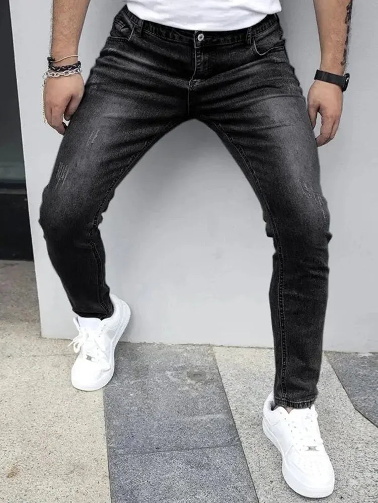 Men's Slim Four-Season Washed Fashion Jeans Stretch Slim Fit Light Blue Gray Black Casual Denim Pants