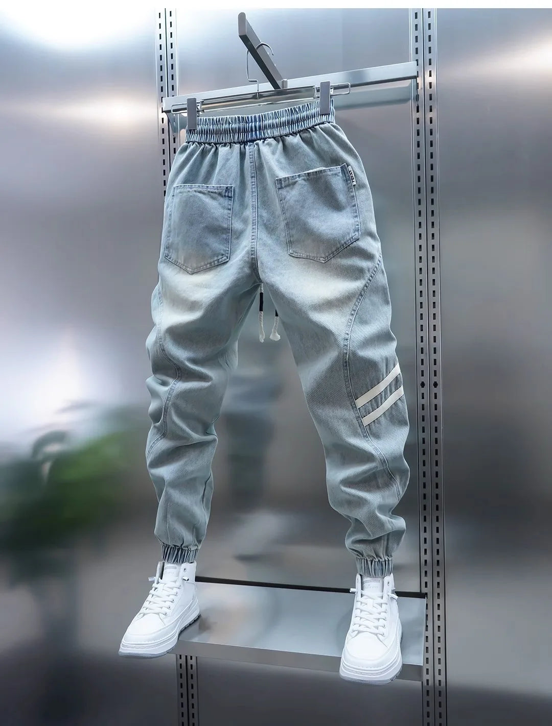 Men's Summer Slim Fit Jeans Light Blue Elastic Waist Patchwork Casual Pants Tapered Leg Jeans Harlan Sle Breathable Comfort...