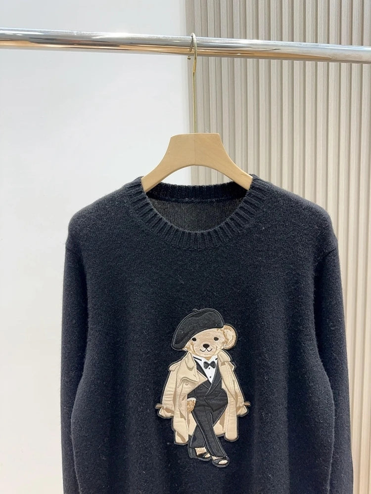 European Style Luxury Brand Loose O-Neck Bear Pullover Tops Knitwear Woman Long Sleeve T-shirt Ladies Wool Knitted Sweater Tops