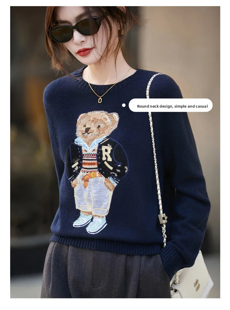 Thickened Woolen Knitted Sweater round Neck Embroidery Cartoon Bear Women's Base Shirt Autumn Winter New Style Premium Spun Wool