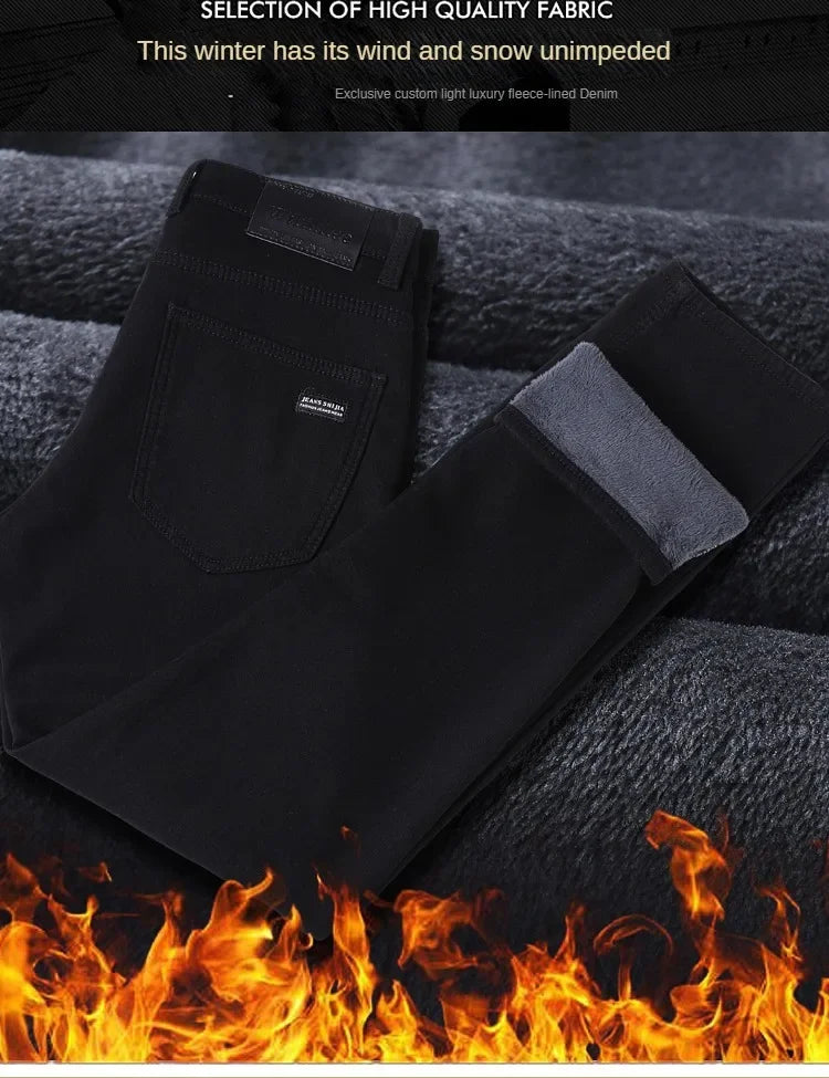 Men Slim Fit Stretch Thick Velvet Pants Warm Jeans Casual Fleece Trousers Male