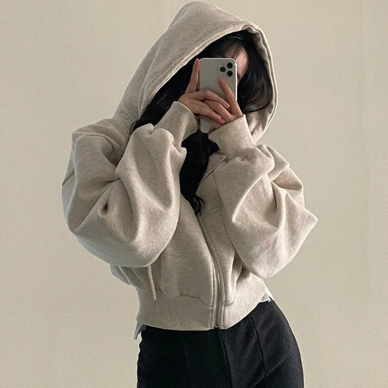 Hoodies Women Casual Streetwear Zip Up Sweatshirts Long Sleeve Jackets Harajuku Y2K Crop Tops Hood Shirt