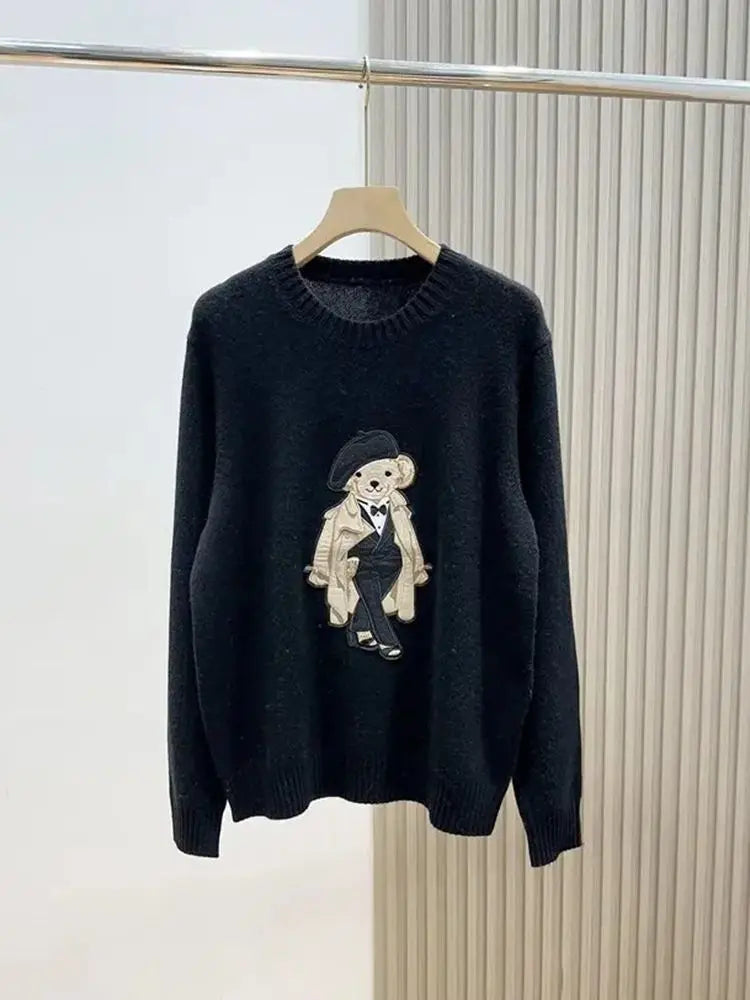 High Quality Fall Winter New Fashion Lazy Cartoon Bear Embroidery Loose Knitted Sweater Tops Women Casual Pullover Sweater Pull
