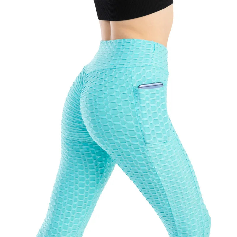 Leggings Women Fashion Pocket Bubble Pants Stretchy Slim Leggings Gym Running Cycling Fitness Pants High Waist Hip Lift Leggings Female