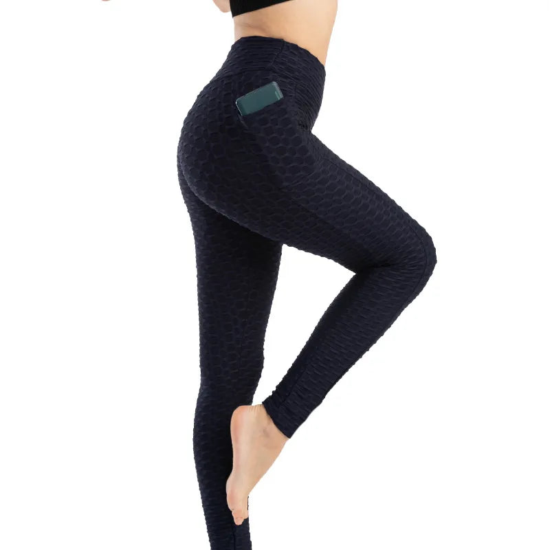 Leggings Women Fashion Pocket Bubble Pants Stretchy Slim Leggings Gym Running Cycling Fitness Pants High Waist Hip Lift Leggings Female