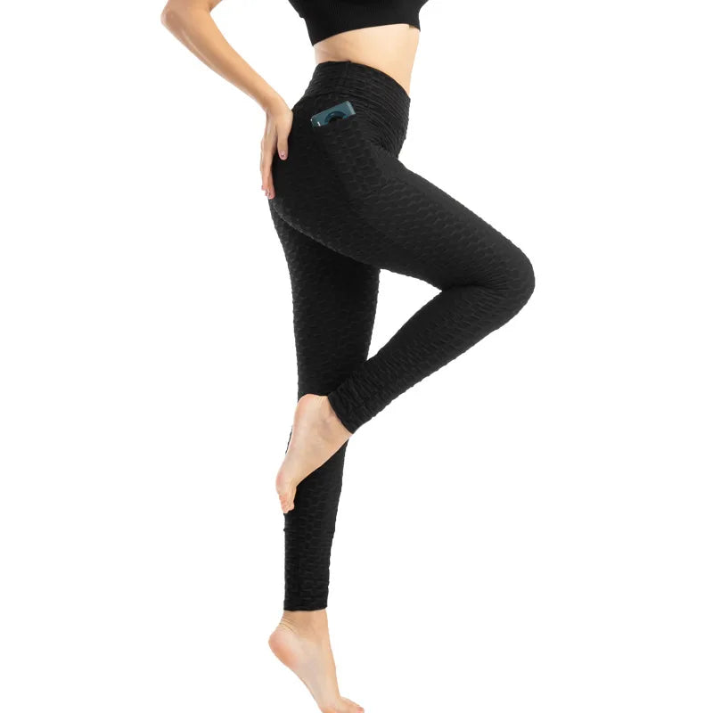 Leggings Women Fashion Pocket Bubble Pants Stretchy Slim Leggings Gym Running Cycling Fitness Pants High Waist Hip Lift Leggings Female